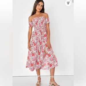 Lulu’s View from the Meadow Cream Floral Print Off-the-Shoulder Dress